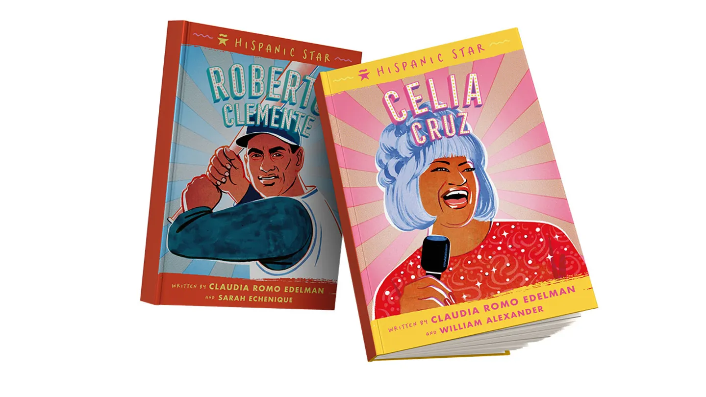 The first two books in the Hispanic Star series for children are pictured. The books open a window in the lives of Roberto Clemente, sports star and humanitarian, and Celia Cruz, who was known as the "queen of salsa." (Claudia Romo Edelman)